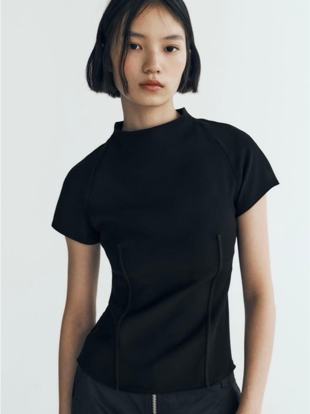 Zara Black Short-Sleeve Sculpted zipper neck and side fitted Top